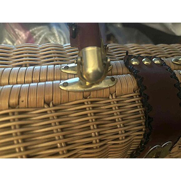 Vintage Wicker Box Handbag Leather Handle Brass Latch 1950s Palm Beach Style EUC - Picture 4 of 7